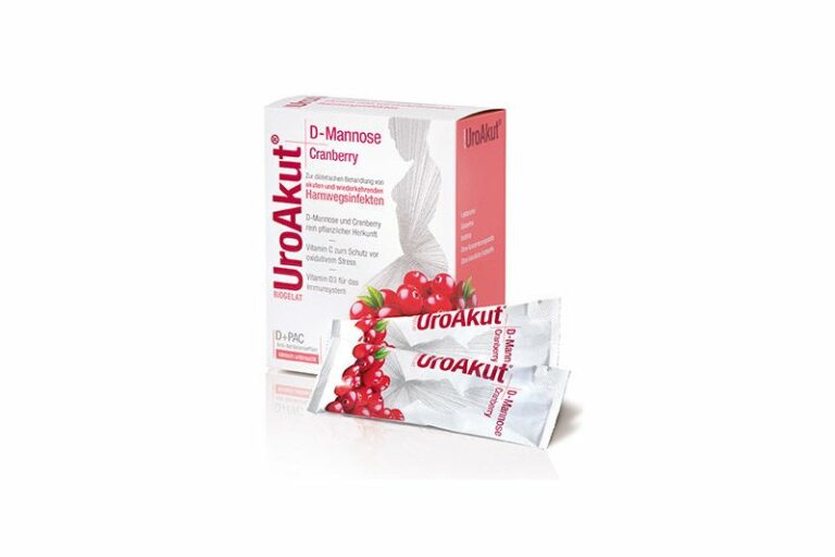 Verpackung von UroAkut mit D-Mannose und Cranberry für die Behandlung von Harnwegsinfekten, zwei stickstoffförmige Beutel sichtbar.