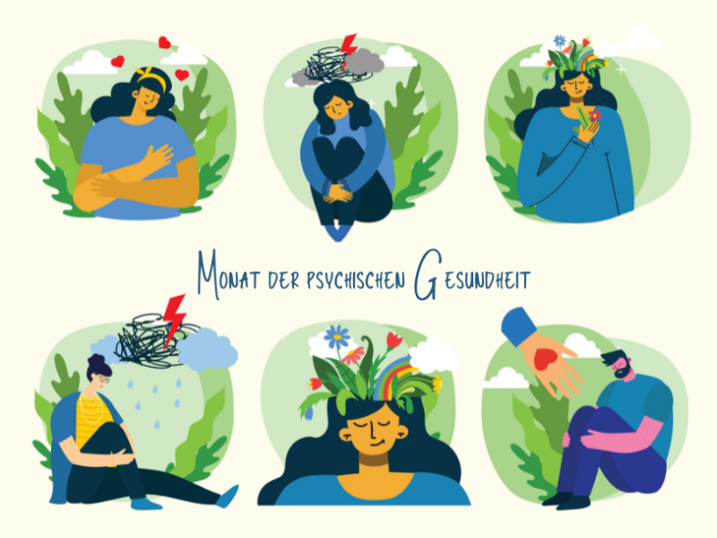 Monat_der_psychischen_Gesundheit.png Illustration zum Monat der psychischen Gesundheit mit sechs Szenen, die emotionale Themen und Selbstfürsorge darstellen.