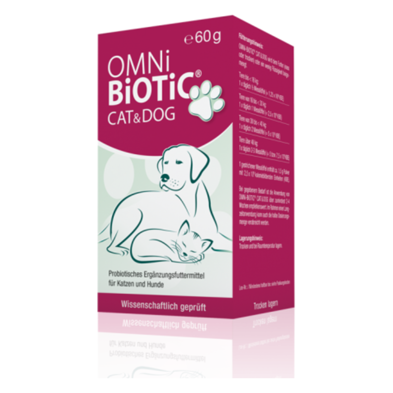 Packung des probiotischen Ergänzungsfuttermittels OMNi BiOTiC für Katzen und Hunde mit Hund und Katze in der Illustration.