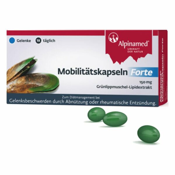 Packung Mobilitätskapseln Forte mit Grünlippmuschel-Lipidextrakt, zwei grüne Kapseln daneben.