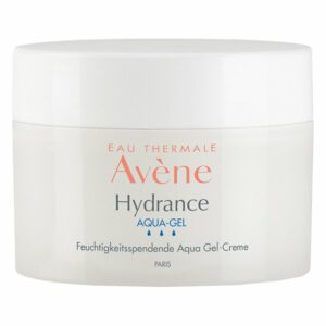 Runde, weiße Cremedose mit einem weißen Schraubdeckel, beschriftet mit 'Avene Hydrance Aqua-Gel' in bunten Buchstaben.
