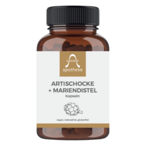 Braune Glasflasche mit Kapseln, Label zeigt "Artischocke + Mariendistel", vegan, laktose- und glutenfrei.