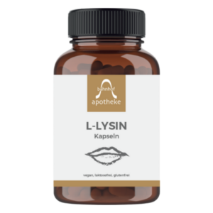 Braune Kunststoffflasche mit Deckel, beschriftet mit "L-Lysin Kapseln" und Hinweisen zu veganer, laktosefreier und glutenfreier Inhaltsstoffen.