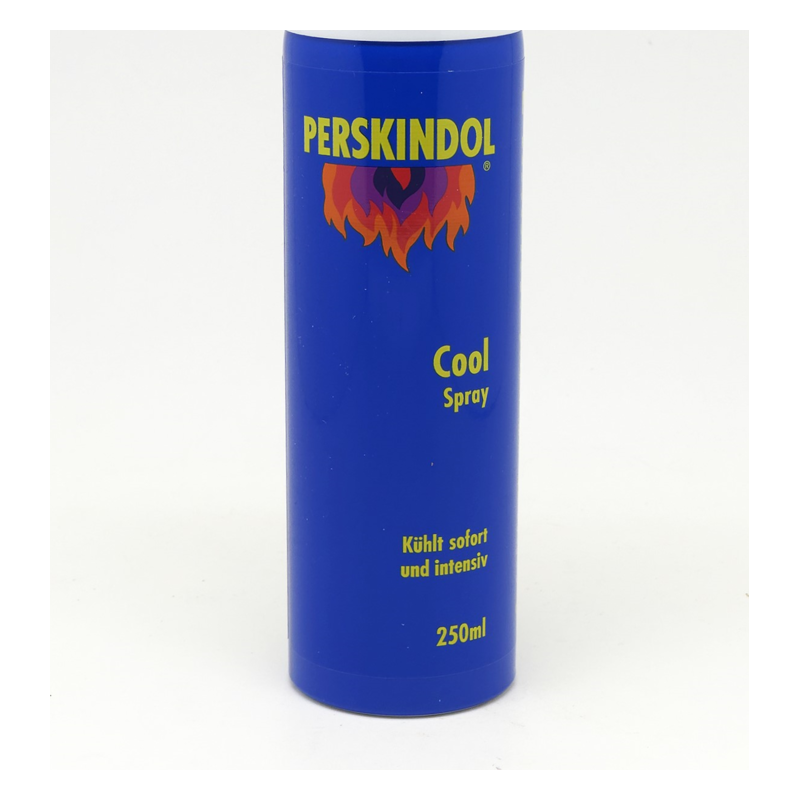 Dunkelblauer Spraybehälter mit der Aufschrift „PERSKINDOL Cool Spray“ und dem Hinweis auf kühlende Wirkung.