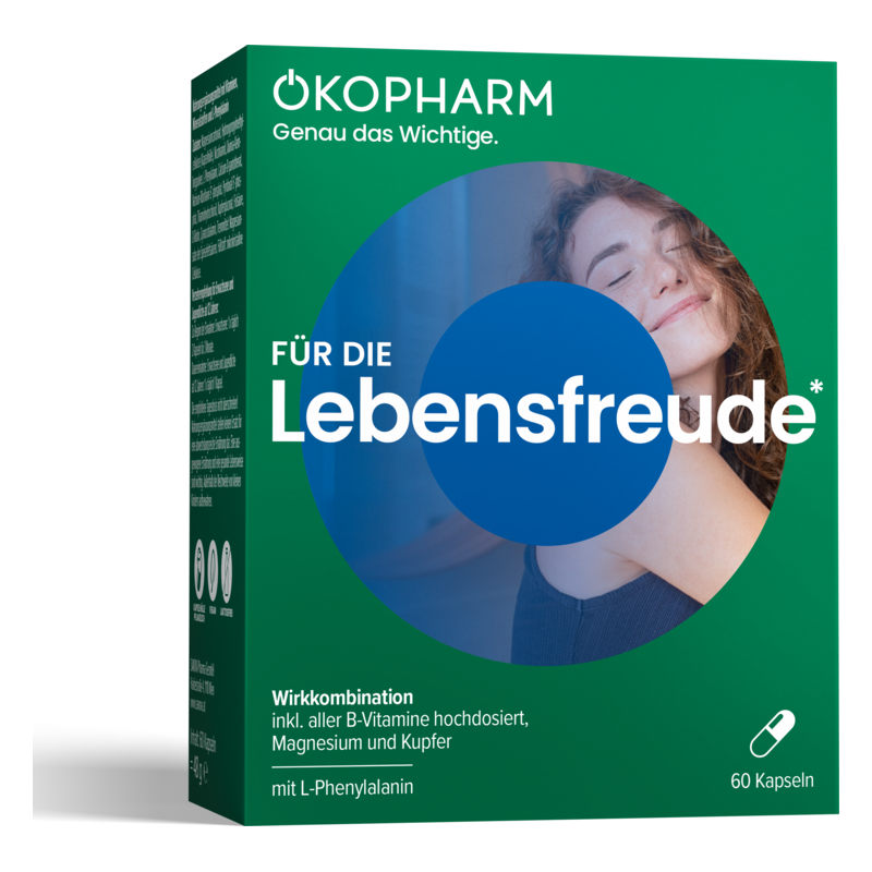 Verpackung für Nahrungsergänzungsmittel mit dem Schriftzug 'Für die Lebensfreude', inkl. B-Vitamine, Magnesium und Kupfer.
