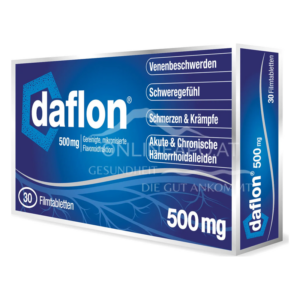 Verpackung von Daflon 500mg, erscheint als Box mit blauer Farbe und Informationen zu Venenbeschwerden und Hämorrhoidalleiden.