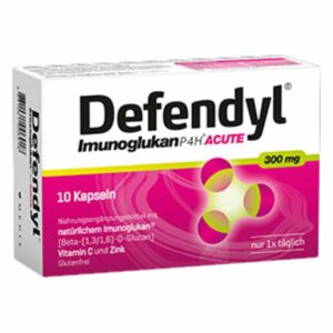 Verpackung von Defendyl, einem Nahrungsergänzungsmittel mit Immunoglukan, Vitamin C und Zink, in Kapsel-Form.