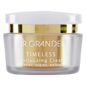 Kreislaufglasbehälter mit goldener und silberner Etikettierung für die revitalisierende Gesichtscreme von Dr. Grandel.