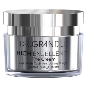 Tiegel mit Anti-Aging-Creme von Dr. Grandel, silberne Verpackung, beschriftet mit "HIGH EXCELLENCE" und Anwendungshinweisen.