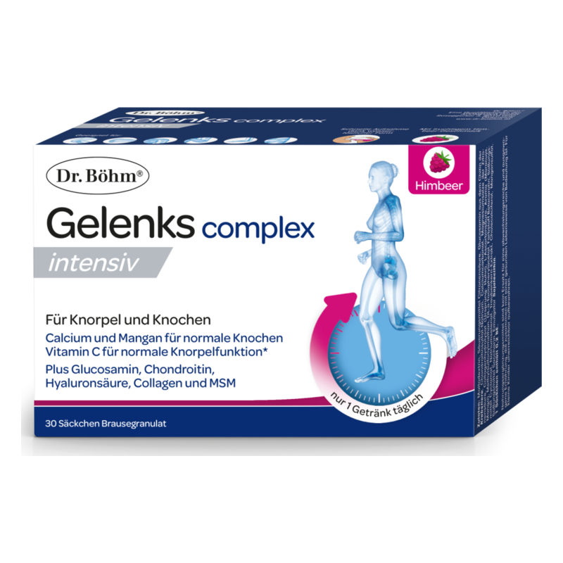 Verpackung von Dr. Böhm Gelenkscomplex intensiv in Himbeer-Geschmack, 30 Säckchen Brausegranulat für Gelenk- und Knochenfunktion.