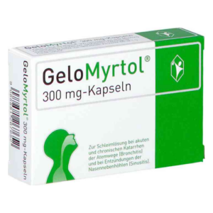 Schachtel mit GeloMyrtol 300 mg-Kapseln, beschrieben für die Behandlung von Atemwegserkrankungen und Entzündungen.