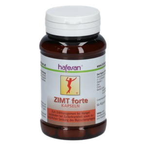 Braune Flasche mit weißen Verschluss, Zimt forte Kapseln zur Unterstützung bei Zuckerkrankheit und Blutzuckermanagement.