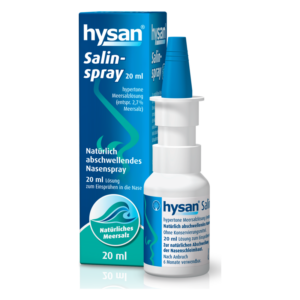 Nasen spray in weißer Flasche mit blauer Kappe, verpackt in einer blauen Box mit weißen und grünen Schriftzügen.