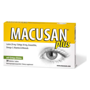 Verpackung von MACUSAN plus mit Informationen zu Inhaltsstoffen wie Lutein, Ginkgo und Omega-3 sowie einem Augenmotiv.
