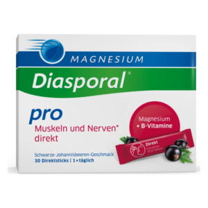 Verpackung von Diasporal pro mit 30 Direktsticks für Muskeln und Nerven in schwarzer Johannisbeere Geschmacksrichtung.