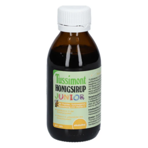 Braune Flasche mit weißem Schraubverschluss, enthält Tussimont Honigsirup Junior, verpackt für Kinder ab 1 Jahr.