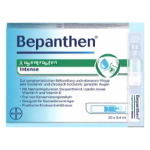 Verpackung von Bepanthen Augentropfen Intense, die zur Pflege trockener Augen gedacht sind.