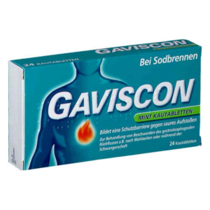 Gaviscon Mint Kautabletten Verpackung mit Hinweisen zur Verwendung bei Sodbrennen und Schutzbarriere gegen Aufstoßen.