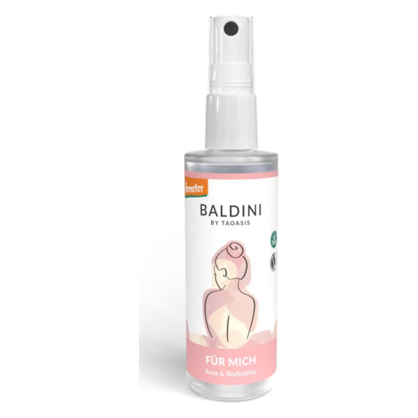 Flasche mit Sprühkopf für Aura- und Bodyspray 'Baldini' in einem sanften Design mit pink Farben.