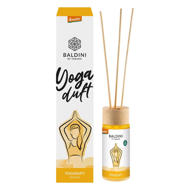 Raumduft "Yoga" von Baldini, präsentiert in einem schlichten Glasbehälter mit Holzverschluss und drei Duftstäbchen.