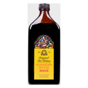 Braune Flasche mit gelbem Etikett für Schweden Bitter, zeigt ein traditionelles Kräuterrezept mit Safran.