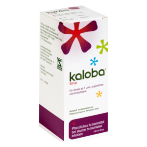 Kaloba Sirup in einer bunten Verpackung, empfohlen für Kinder ab 1 Jahr, mit pflanzlichen Inhaltsstoffen für Atemwegserkrankungen.