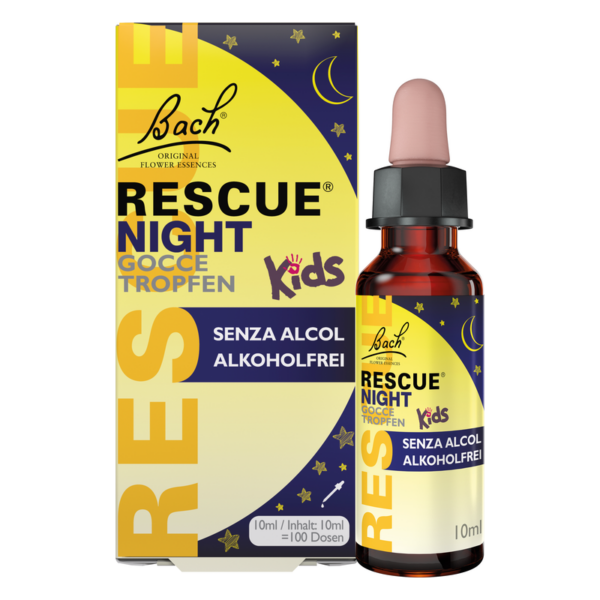 Flasche mit Bach Rescue Night Tropfen für Kinder, farbenfrohe Verpackung, alkoholfrei, mit Nachthimmel-Motiv.