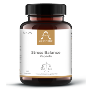 Braune Pillenflasche mit schraubbarem Deckel, etikettiert mit "Stress Balance" und Inhaltsstoffen, vegan, laktosefrei, glutenfrei.