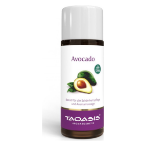 Flasche mit Avocado-Öl für Schönheits- und Aromamassagen, mit Bio-Siegel und grünem Avocado-Motiv.