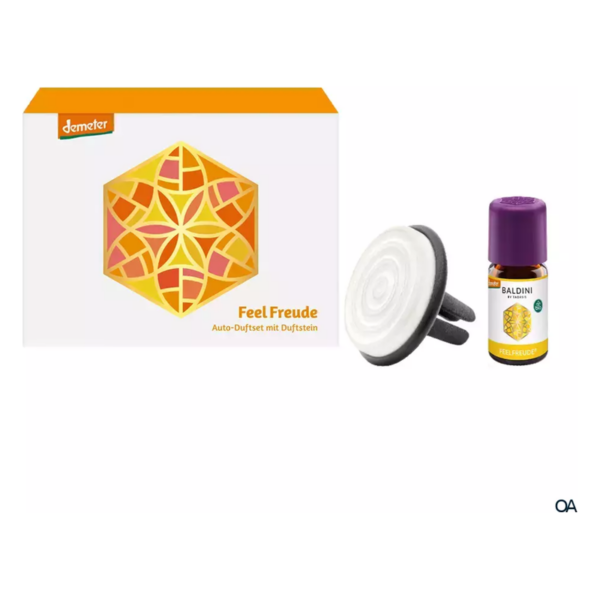 Verpackung des Auto-Duftsets "Feel Freude" mit einem Duftstein und ätherischem Öl in einer Flasche.