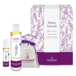 Geschenkset mit Lavendelprodukten: Roll-On, Bio Raumspray und Lavendelsäckchen in einer dekorativen Verpackung.