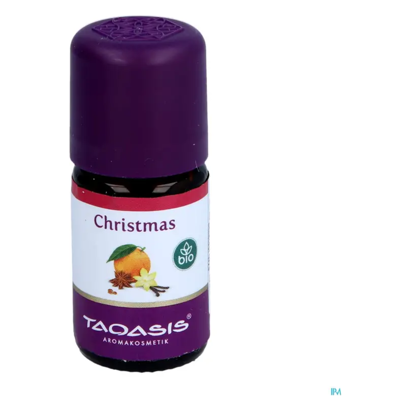 Ätherisches Öl mit lila Deckel, beschriftet mit "Christmas", Bio-Logo sowie fruchtigen und würzigen Motiven.