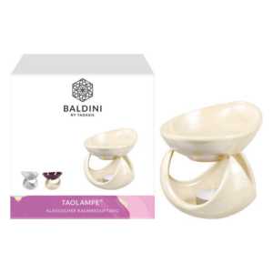 Stilvolle Taolampe aus Keramik zur Raumbeduftung, verpackt in einer modernen Box mit Logo.