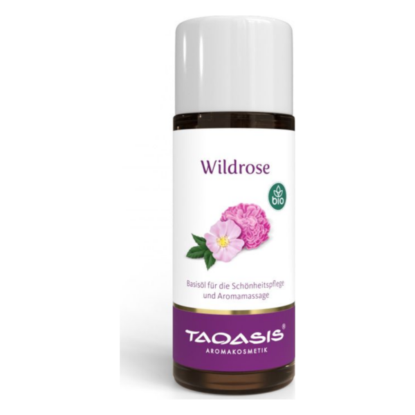 Braunes Fläschchen mit weißem Deckel, beschriftet mit "Wildrose" und Bildern von Rosenblüten, Bio-Produkt.