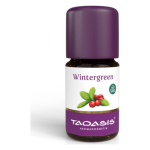 Flasche mit ätherischem Öl 'Wintergreen', braun mit lila Kappe, etikettiert mit bio-Symbol und grünen Blättern.