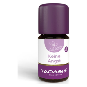 Braunes Fläschchen mit lila Verschluss und Etikett, darauf steht "Keine Angst" und "Taoasis Aromakosmetik".