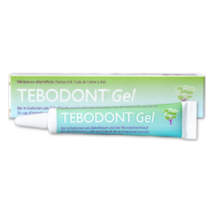 Tebodont Gel in einer grünen Tube mit einer weißen Verschlusskappe, verpackt in einem farblich passenden Karton.