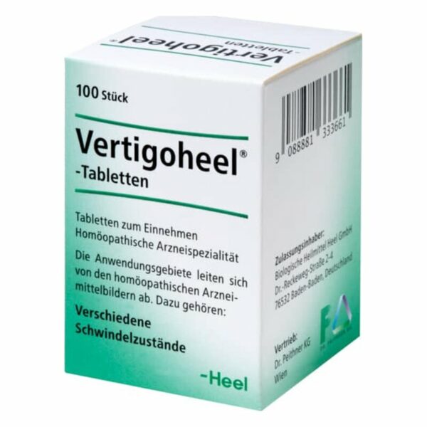 Verpackung von Vertigoheel-Tabletten in einer weißen Box mit grüner Schrift, geeignet gegen Schwindelzustände.