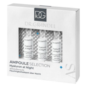 Verpackung mit drei Hyaluron-Wirkstoffampullen von Dr. Grandel für nächtliche Feuchtigkeitspflege.