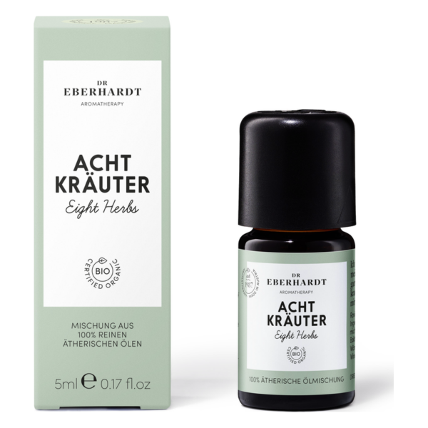 Flasche mit ätherischer Öl-Mischung "Acht Kräuter" in schwarzer Verpackung, umgeben von einer hellgrünen Schachtel.