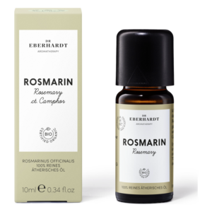 Braunes Glasfläschchen mit schwarzem Verschluss, umgeben von einer hellgrünen Verpackung, beide mit dem Aufdruck "Rosmarin".