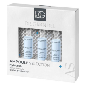 Verpackung mit drei blauen Hyaluron-Wirkstoffampullen von Dr. Grandel in einem weißen Karton.