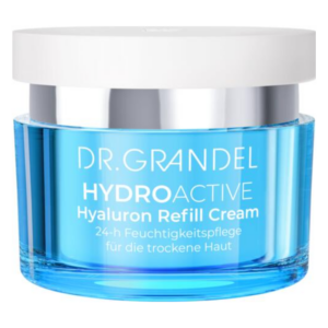 Eine blaue Cremedose mit weißem Deckel, beschriftet mit "DR. GRANDEL HYDROACTIVE Hyaluron Refill Cream" für trockene Haut.