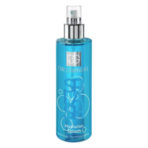 Transparente Sprühflasche mit einem türkisfarbenen Inhalt und silbernem Deckel, beschriftet mit "Hyaluron Splash".