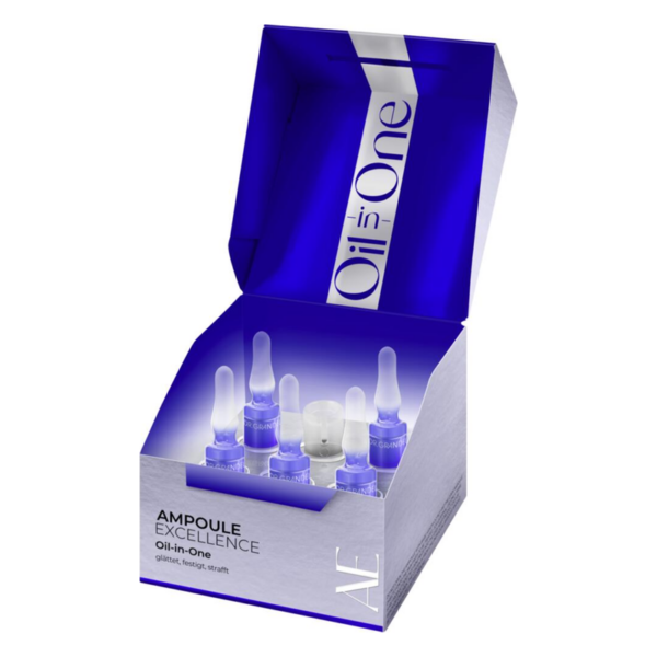 Eine geöffnete Verpackung mit Ampullen für ein Haarpflegeprodukt mit dem Namen "Oil-in-One", präsentiert in blauer und silberner Box.