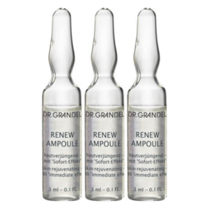 Drei durchsichtige Ampullen mit dem Aufdruck 'DR. GRANDEL RENEW AMPOULE' und Informationen zu hautverjüngenden Eigenschaften.