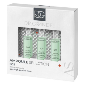 Verpackung mit drei grünen Ampullen von Dr. Grandel, die beruhigende Wirkstoffe für gereizte Haut enthalten.