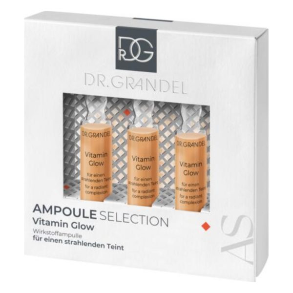 Geschenkverpackung mit drei Vitamin Glow Ampullen für einen strahlenden Teint von Dr. Grandel.
