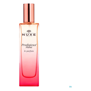 Flasche mit transparentem, leicht verlaufendem Design in Orange und Pink, verziert mit dem Schriftzug 'NUXE Prodigieux Floral'.