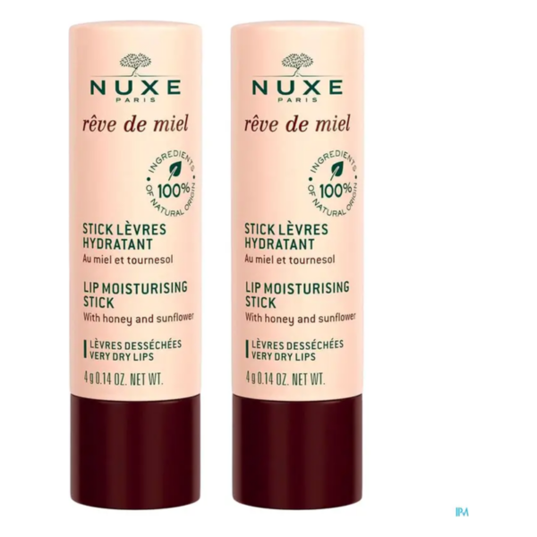 Zwei Stifte für Lippenbalsam von NUXE, verpackt in rosa Röhren mit braunem Verschluss, ausgewiesen mit Honig und Sonnenblume.